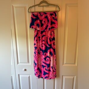 LILLY PULITZER XS Meridian Midi Pink Blue Ikat Mocean Octopus Strapless Ruffle